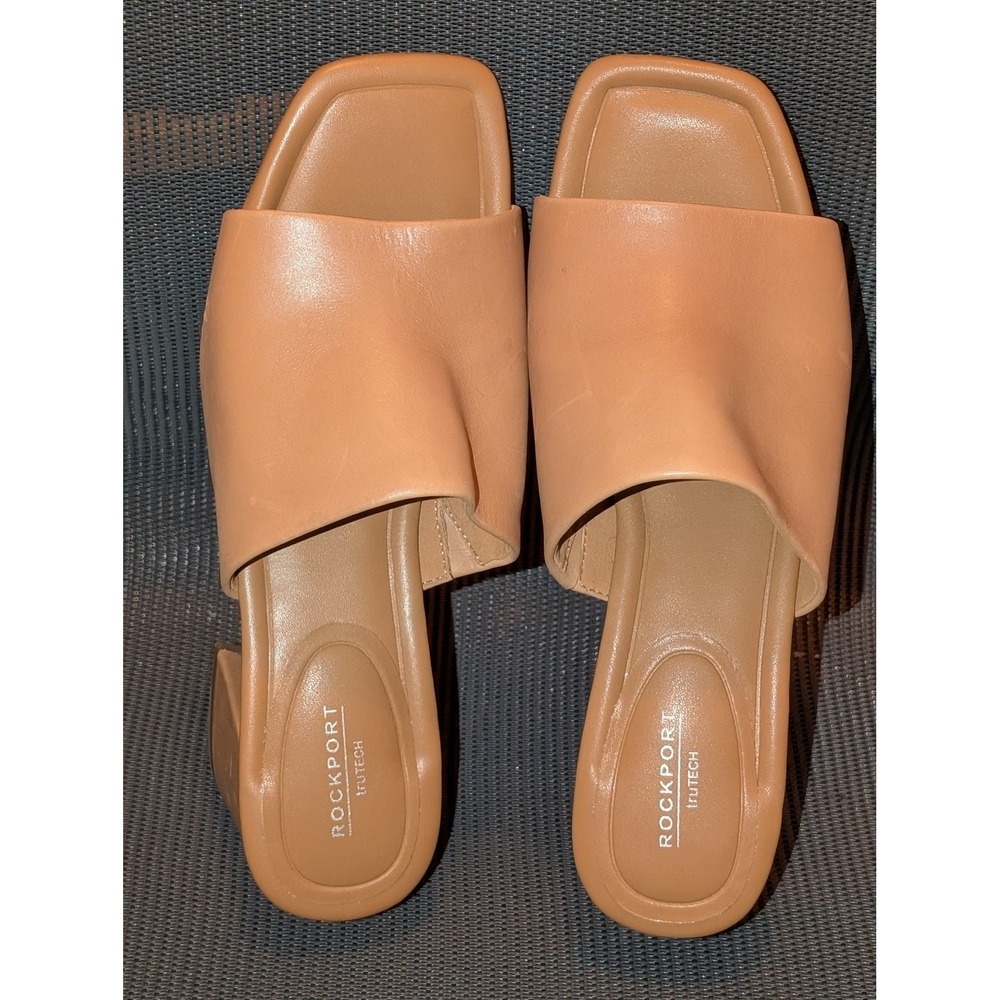 Rockport TruTECH Leather Slide Sandals Block Heel Tan Women's 8W Wide Comfort